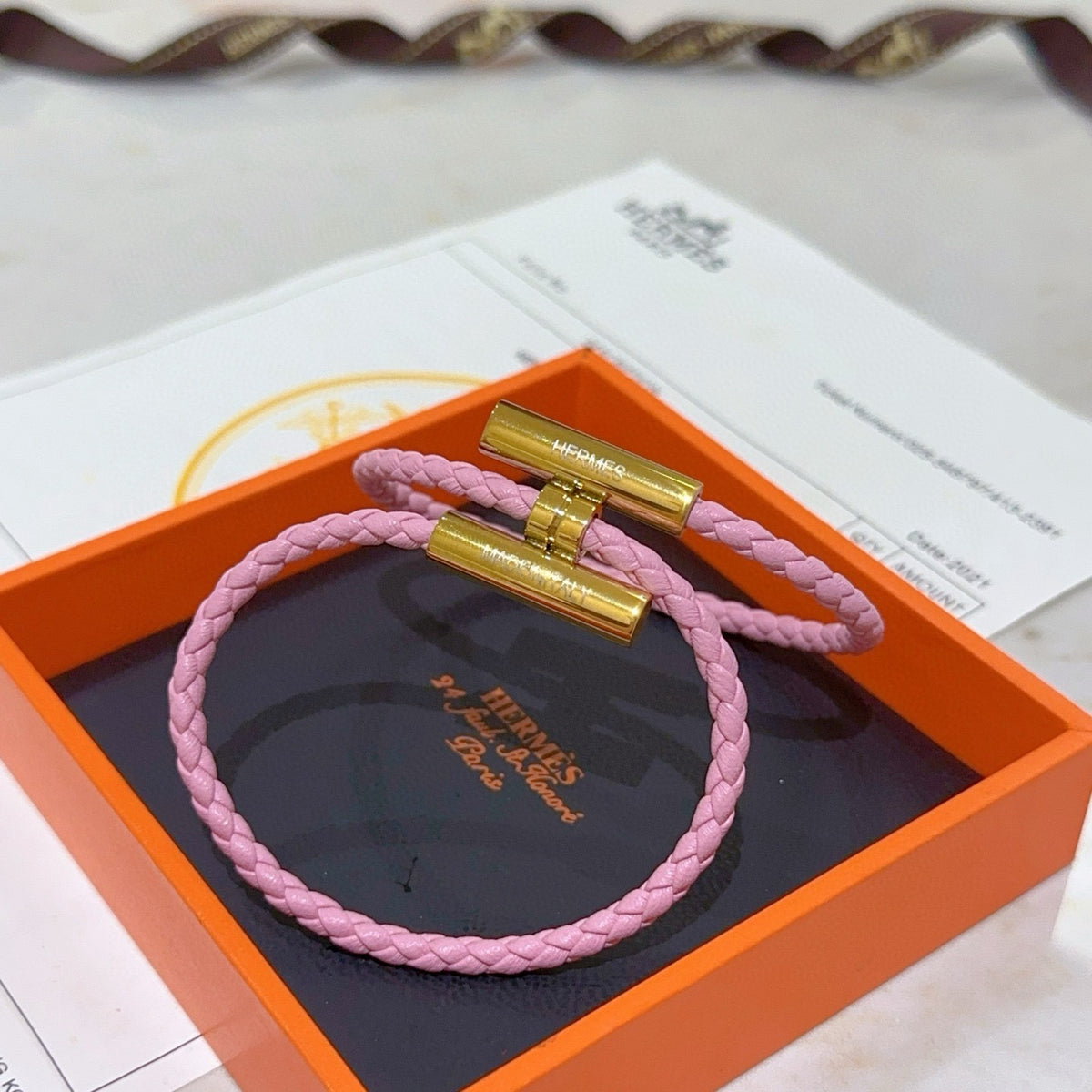 Hermès Pink Braided Gold-Tone H Bracelet - album image 5