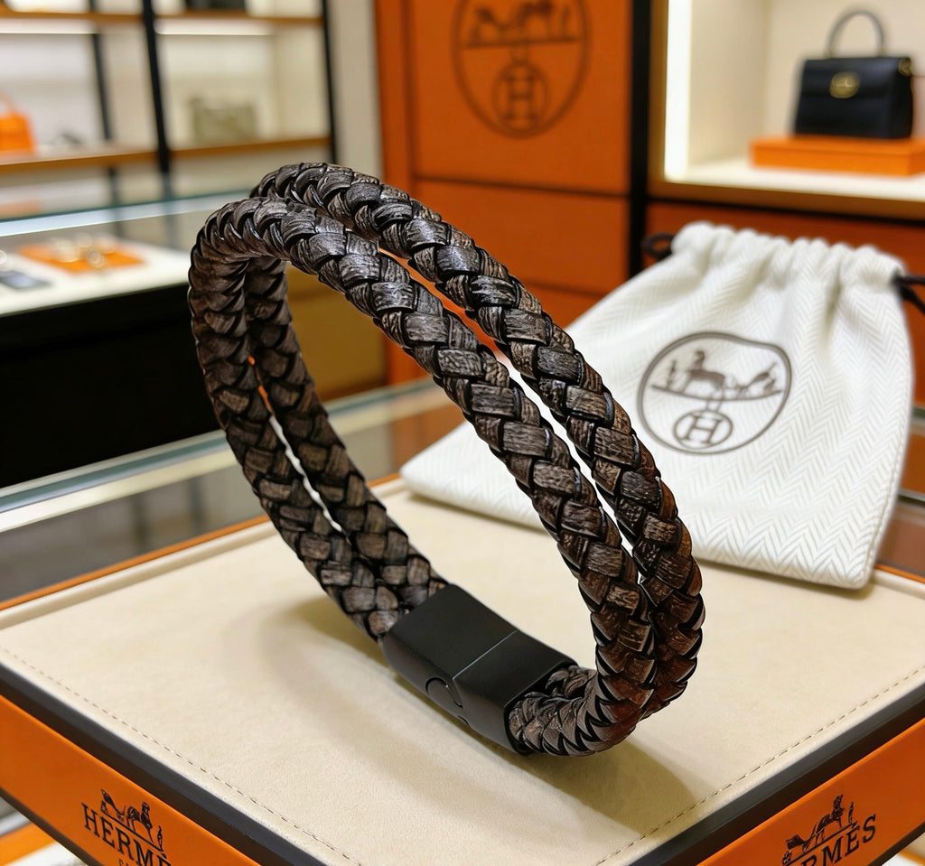 Hermès Black Braided Silver-Tone H Bracelet - album image 1
