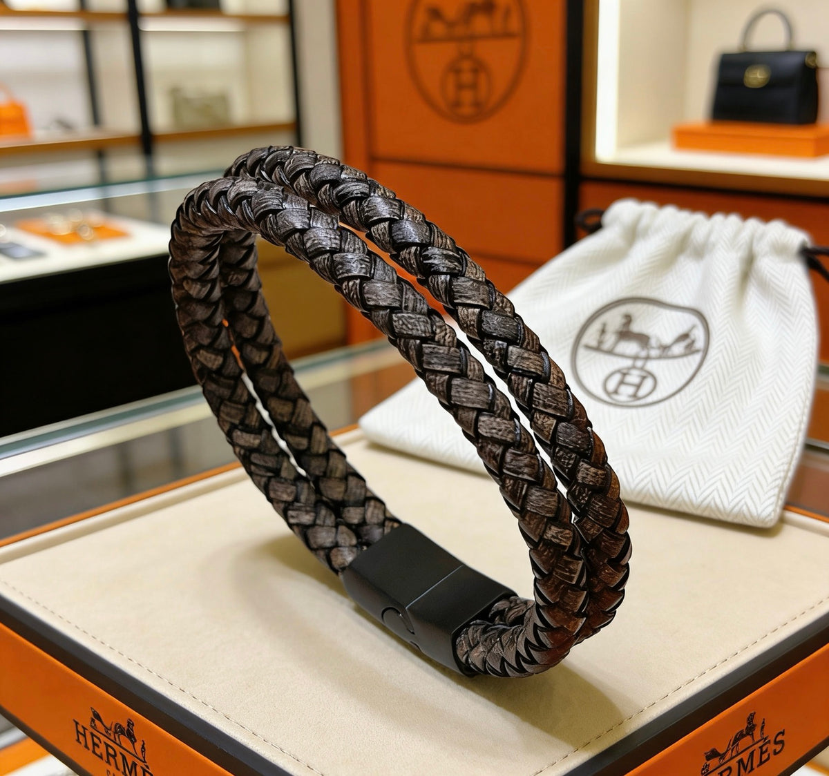 Hermès Black Braided Silver-Tone H Bracelet - album image 1