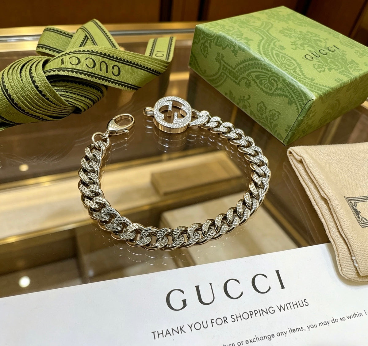 Gucci Silver-Tone Cuban Link Bracelet with G Charm - album image 2
