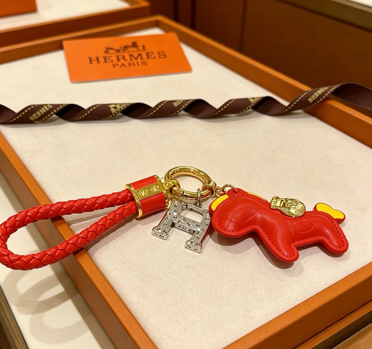 Hermès Red Horse and Gold-Tone H Charm Keychain - album image 6