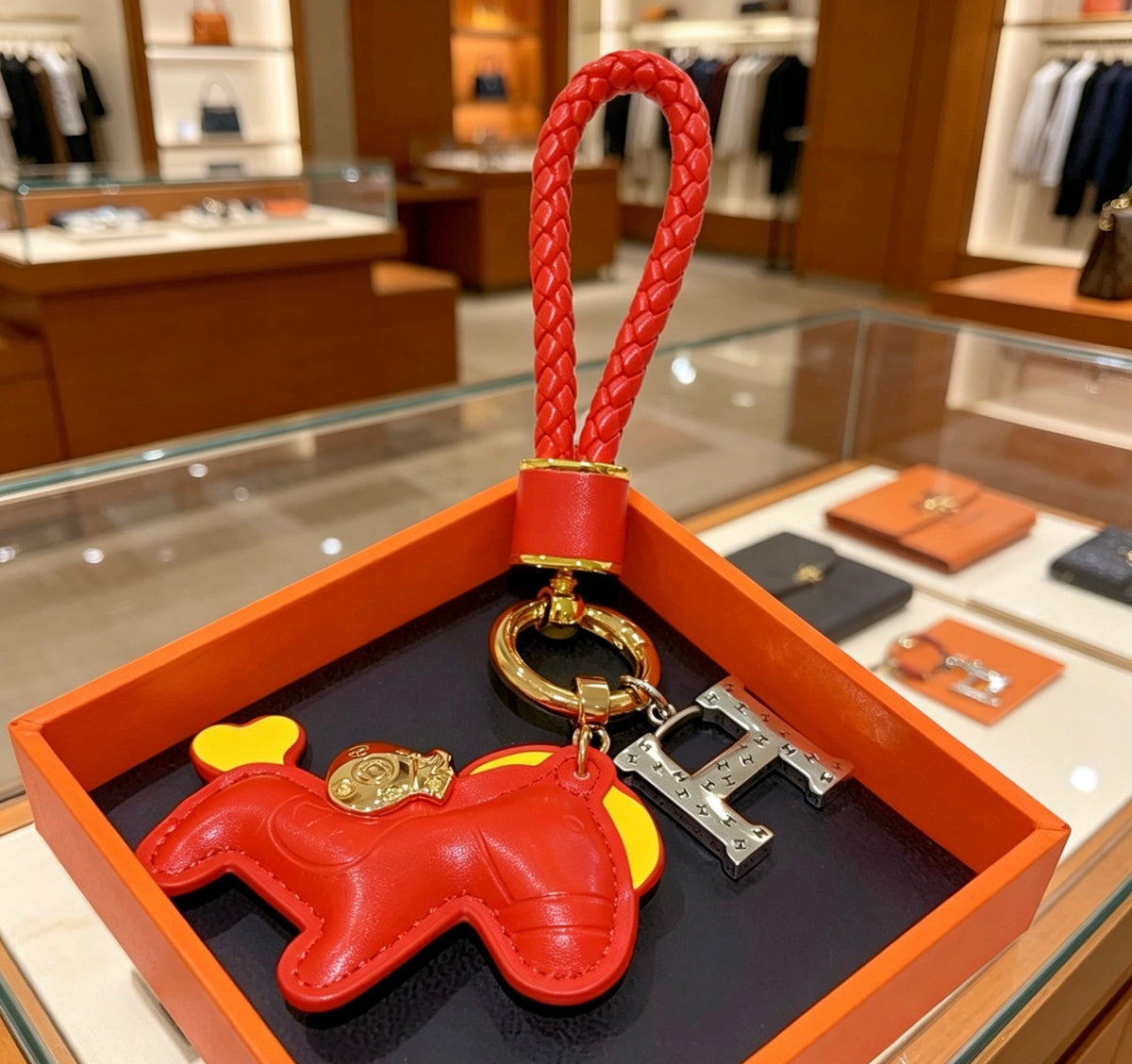 Hermès Red Horse and Gold-Tone H Charm Keychain - album image 2