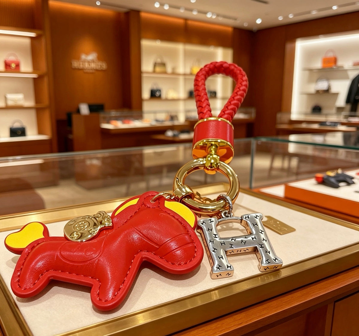 Hermès Red Horse and Gold-Tone H Charm Keychain - album image 5