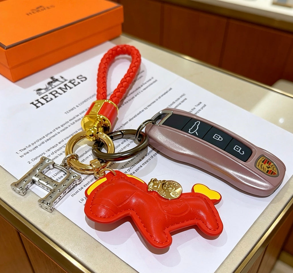 Hermès Red Horse and Gold-Tone H Charm Keychain - album image 3