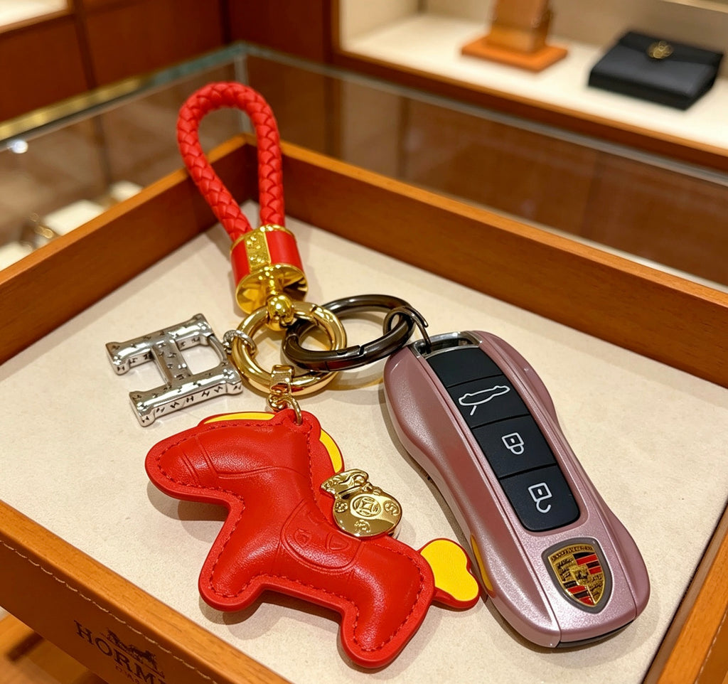 Hermès Red Horse and Gold-Tone H Charm Keychain - album image 4