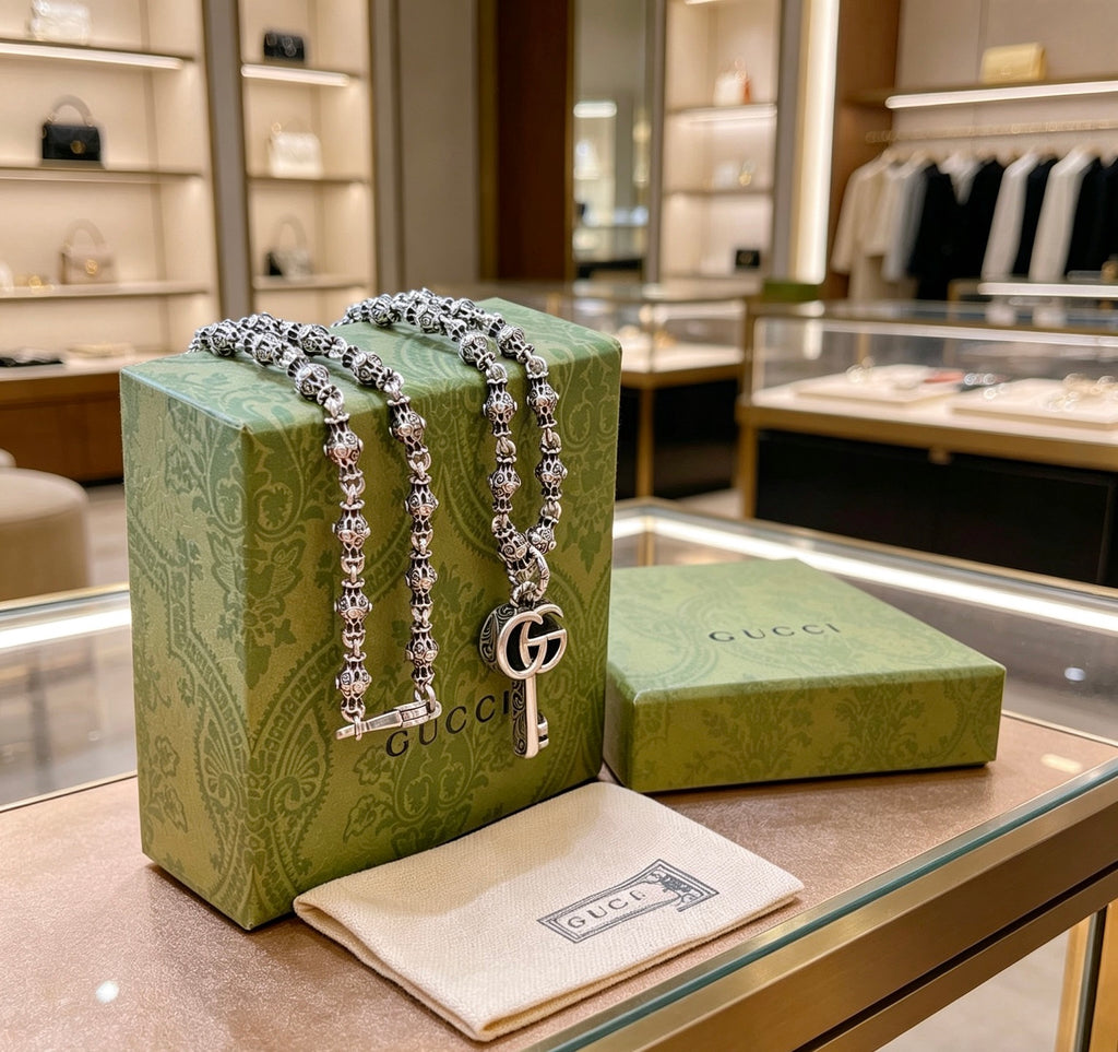 Gucci Anger Forest Interlocking G Key Pendant Antiqued Chain Necklace - album image 2