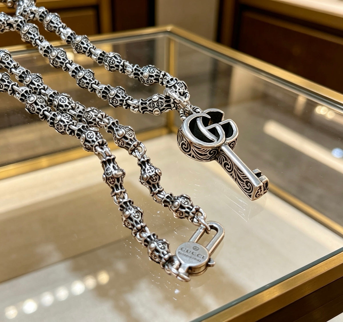 Gucci Anger Forest Interlocking G Key Pendant Antiqued Chain Necklace - album image 5