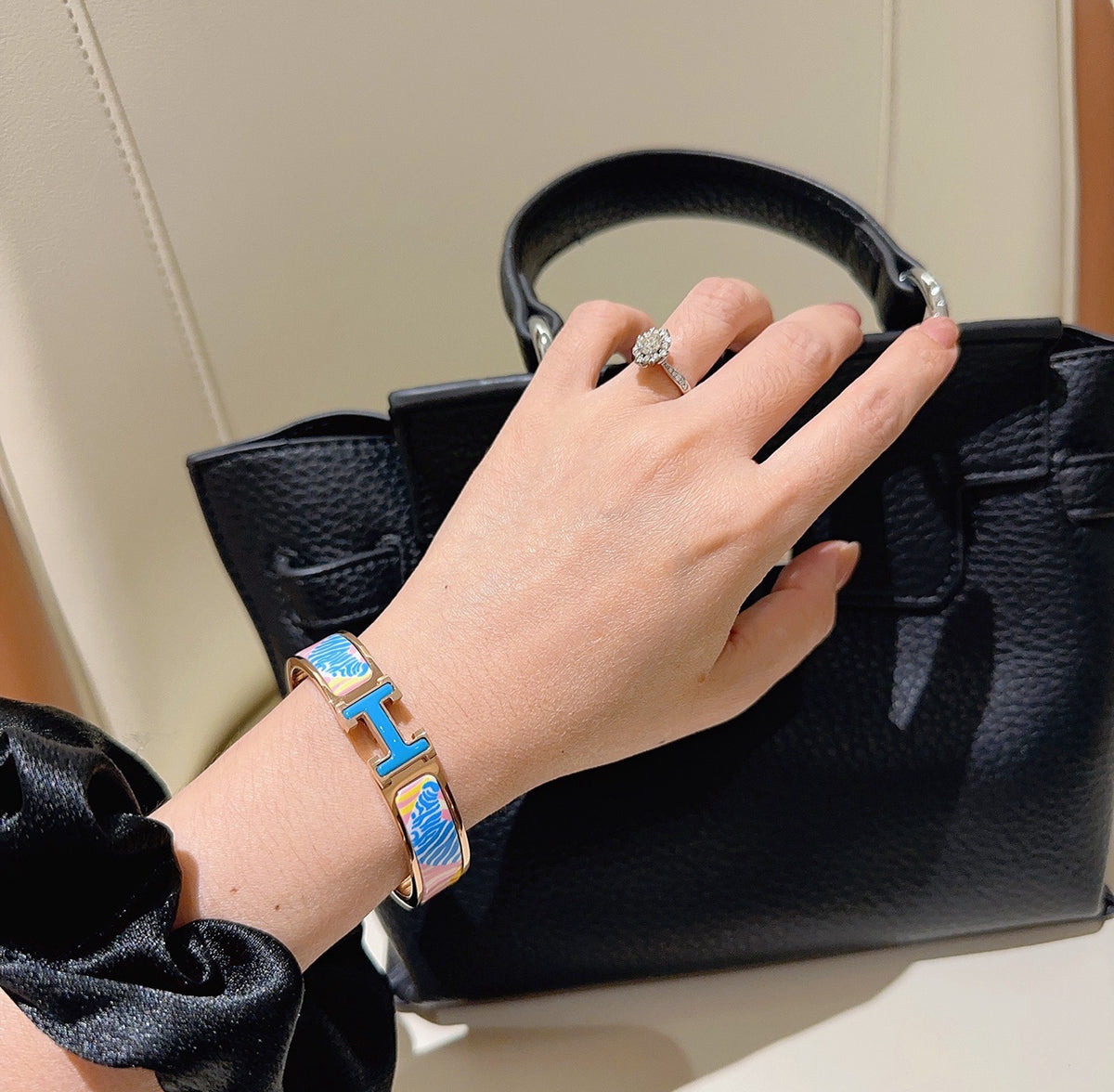 Hermès Gold-Tone Blue Printed H-Clasp Bangle - album image 6