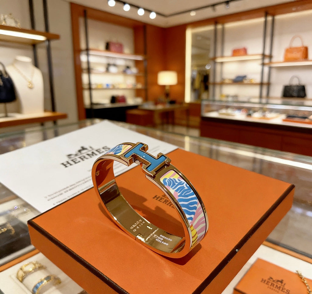 Hermès Gold-Tone Blue Printed H-Clasp Bangle - album image 7
