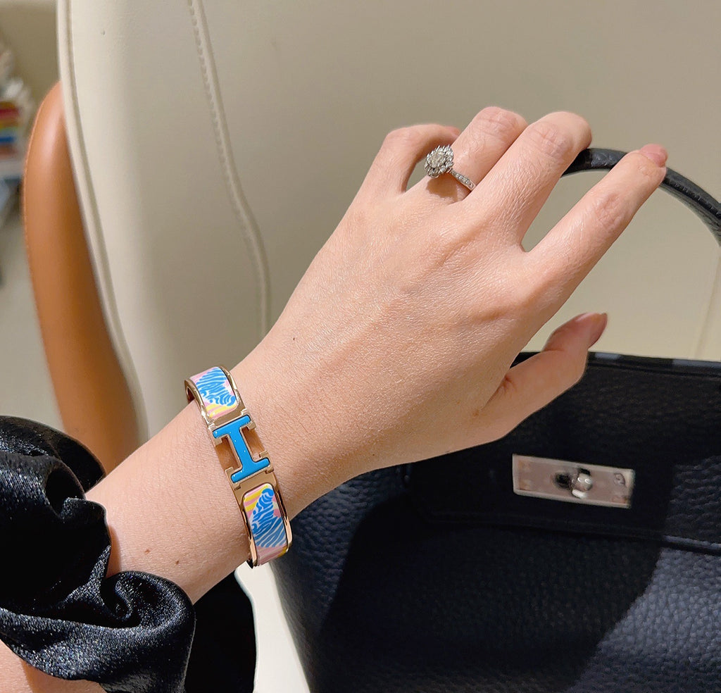 Hermès Gold-Tone Blue Printed H-Clasp Bangle - album image 8