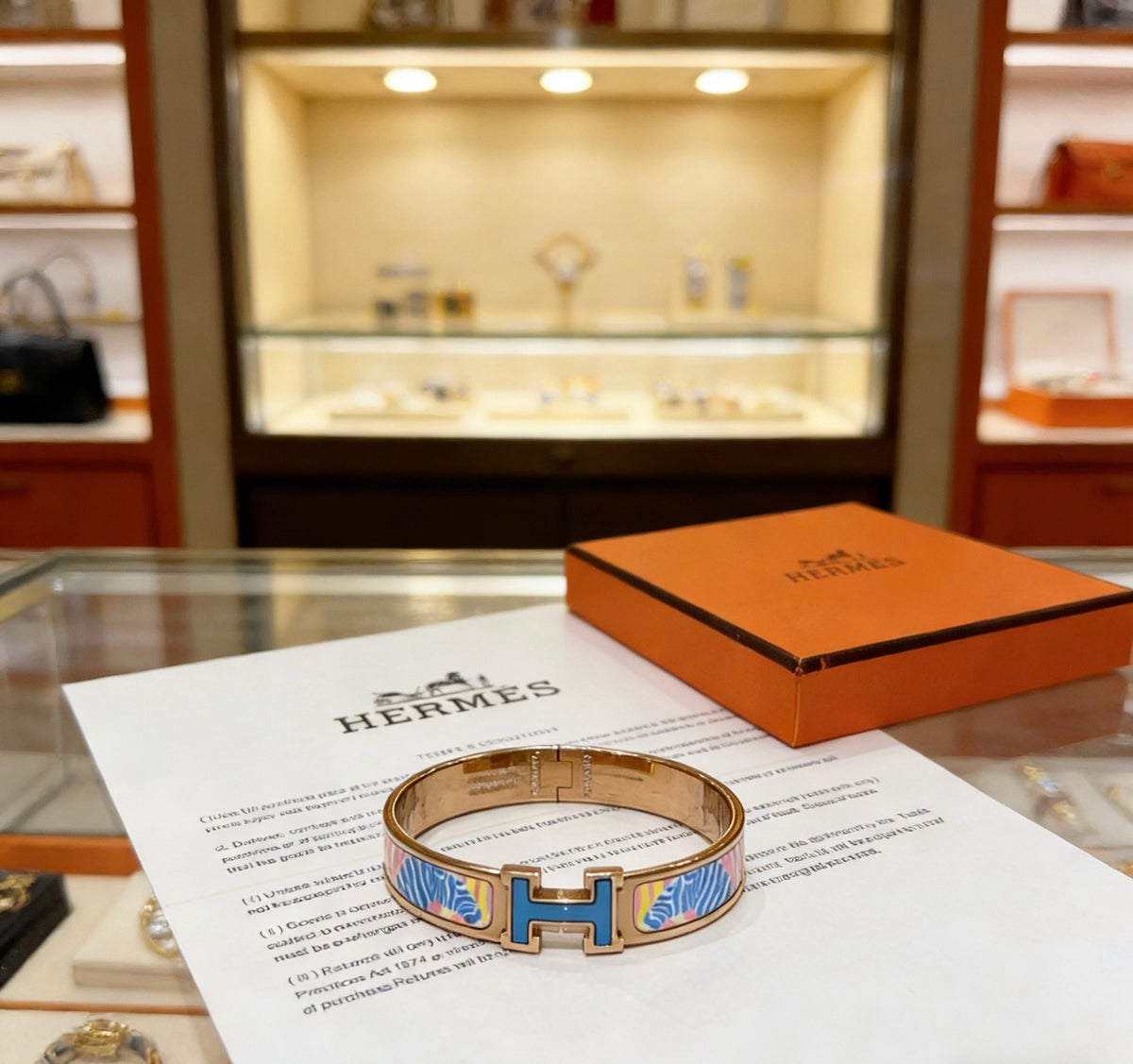 Hermès Gold-Tone Blue Printed H-Clasp Bangle - album image 5