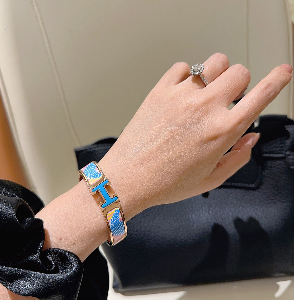 Hermès Gold-Tone Blue Printed H-Clasp Bangle - album image 3