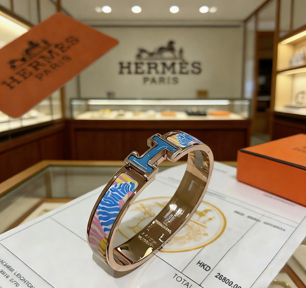 Hermès Gold-Tone Blue Printed H-Clasp Bangle - album image 2