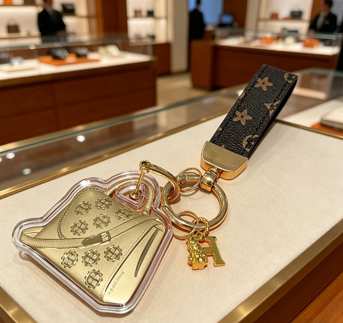 Hermès Gold-Tone Handbag-Charm Keychain with Black Strap - album image 1