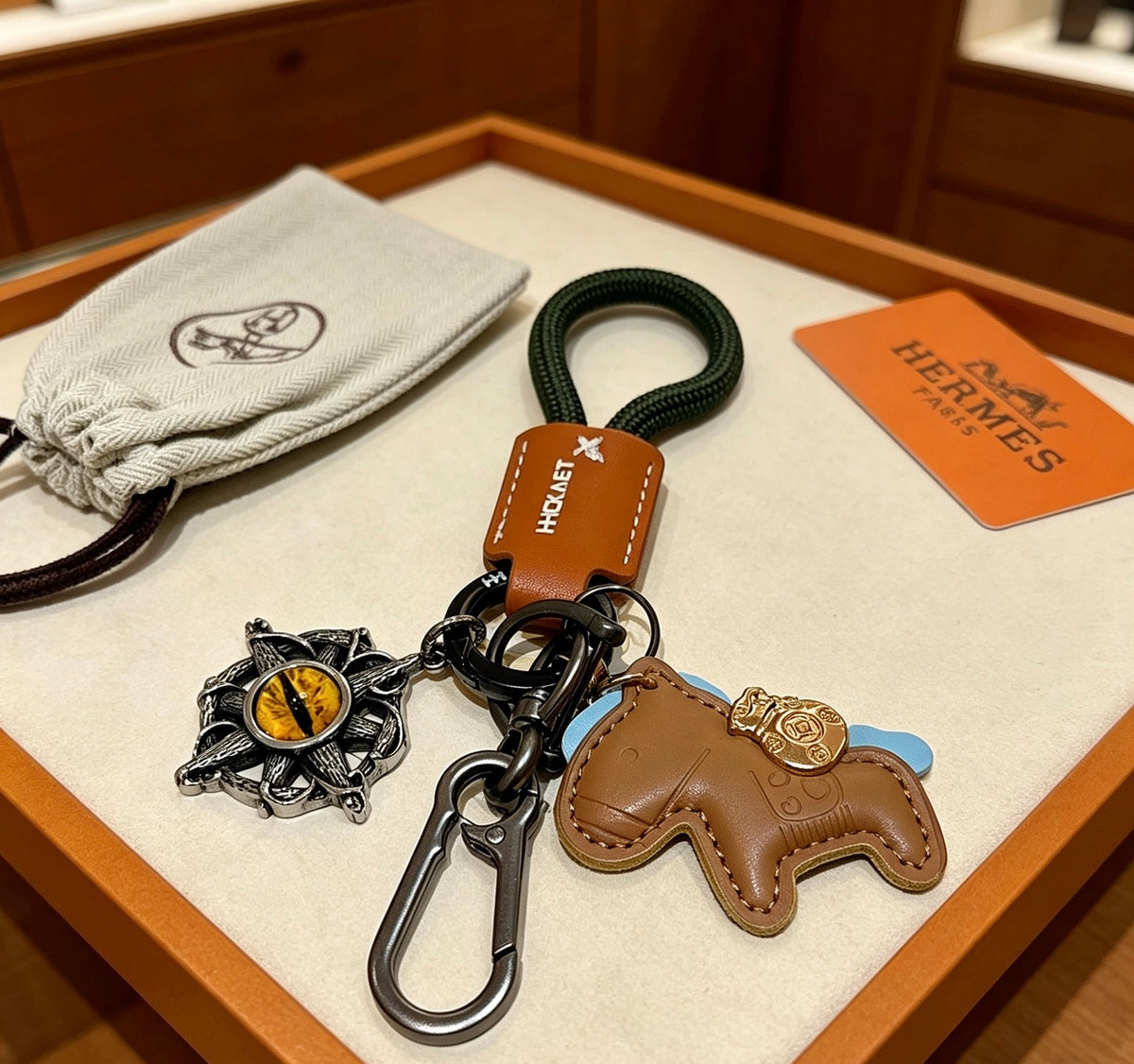 Hermès Tan Horse Keychain with Black Braided Cord - album image 2