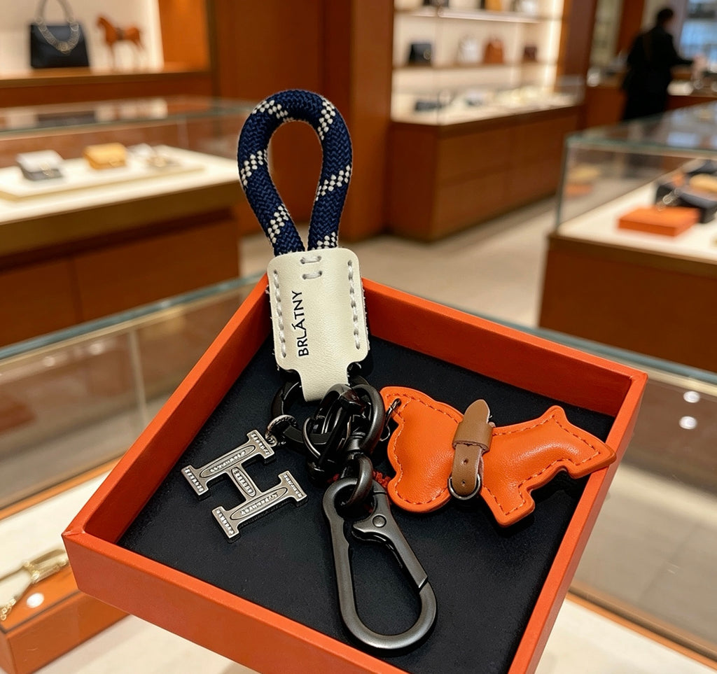 Hermès Orange Horse and H-Charm Keychain with Navy Strap - album image 4