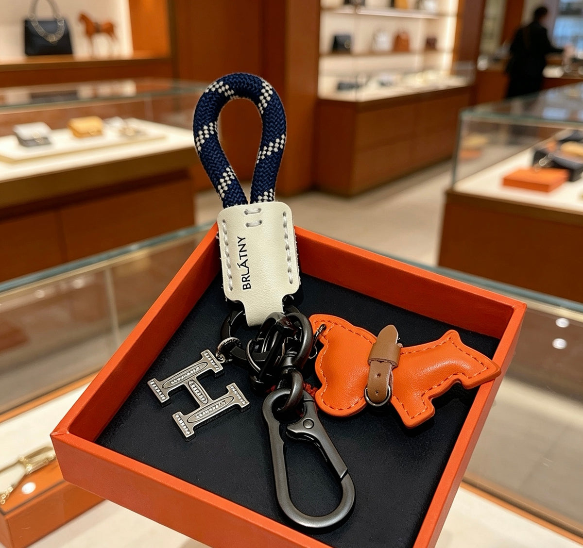 Hermès Orange Horse and H-Charm Keychain with Navy Strap - album image 4
