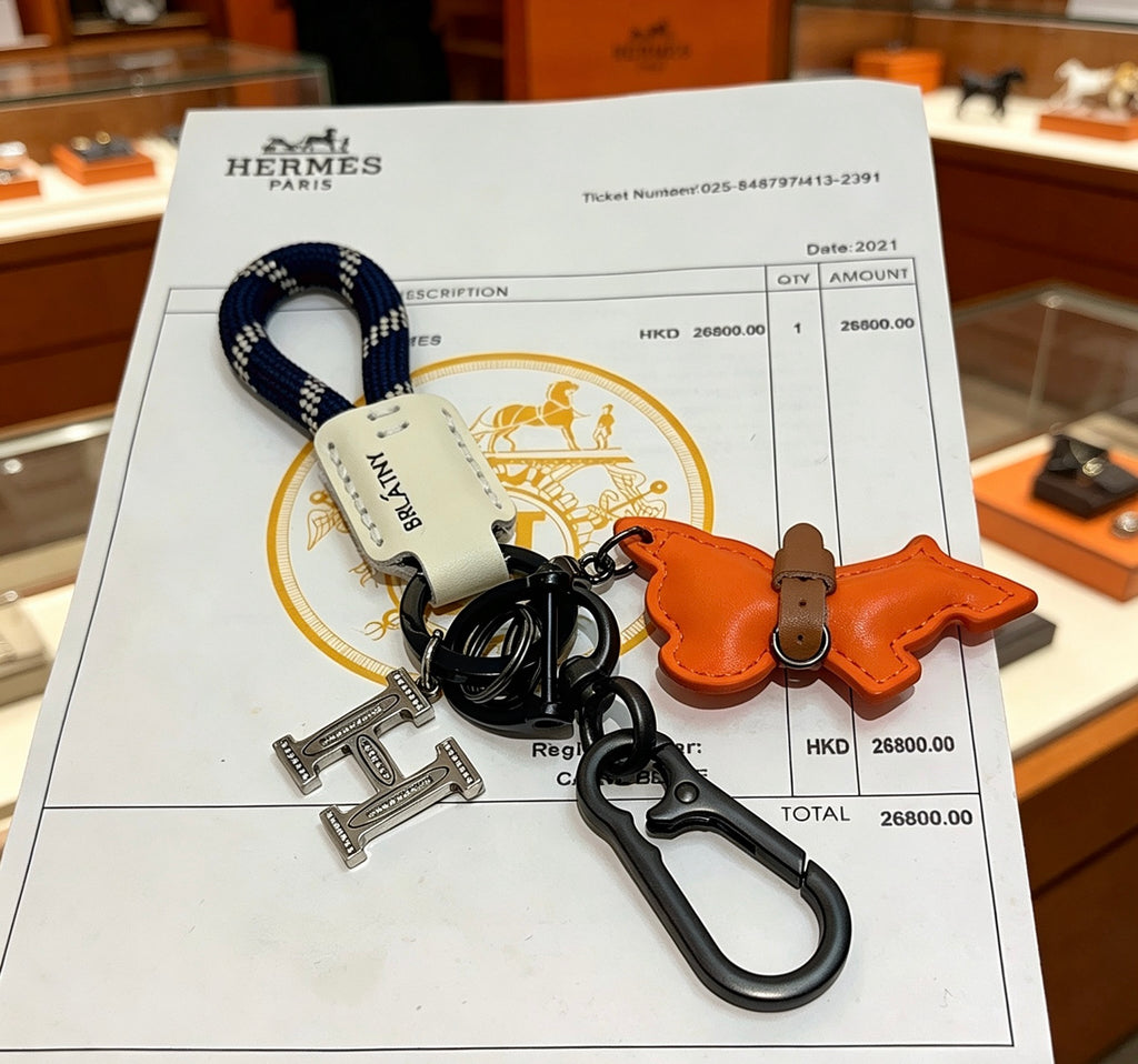 Hermès Orange Horse and H-Charm Keychain with Navy Strap - album image 2