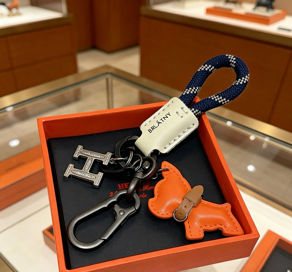 Hermès Orange Horse and H-Charm Keychain with Navy Strap - album image 5