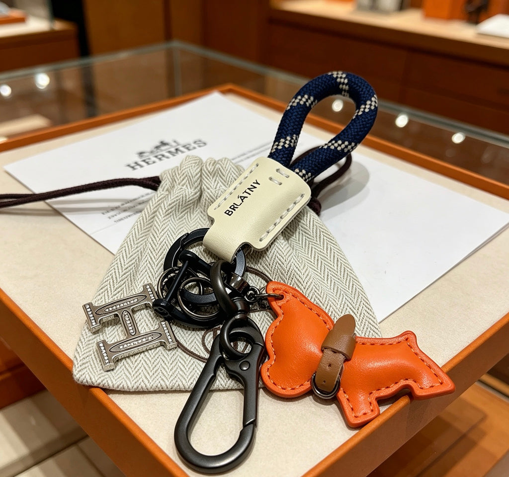 Hermès Orange Horse and H-Charm Keychain with Navy Strap - album image 6