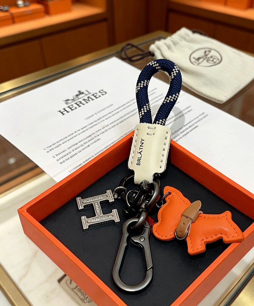 Hermès Orange Horse and H-Charm Keychain with Navy Strap - album image 3