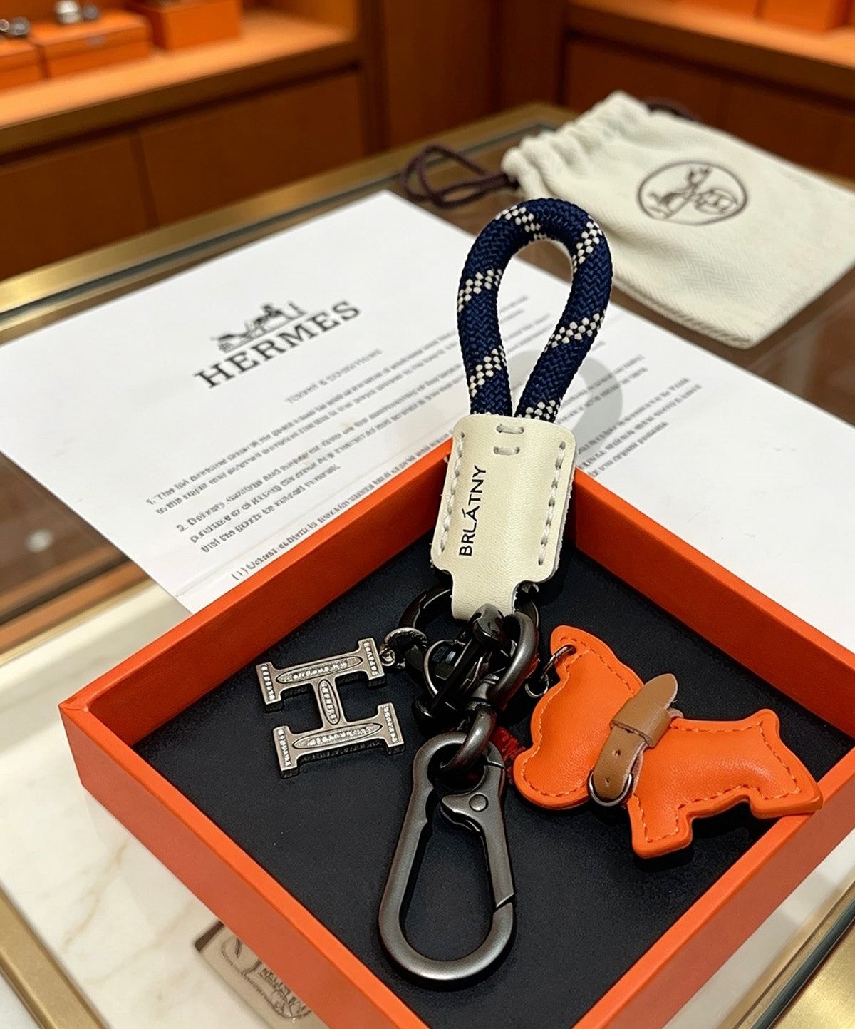 Hermès Orange Horse and H-Charm Keychain with Navy Strap - album image 3