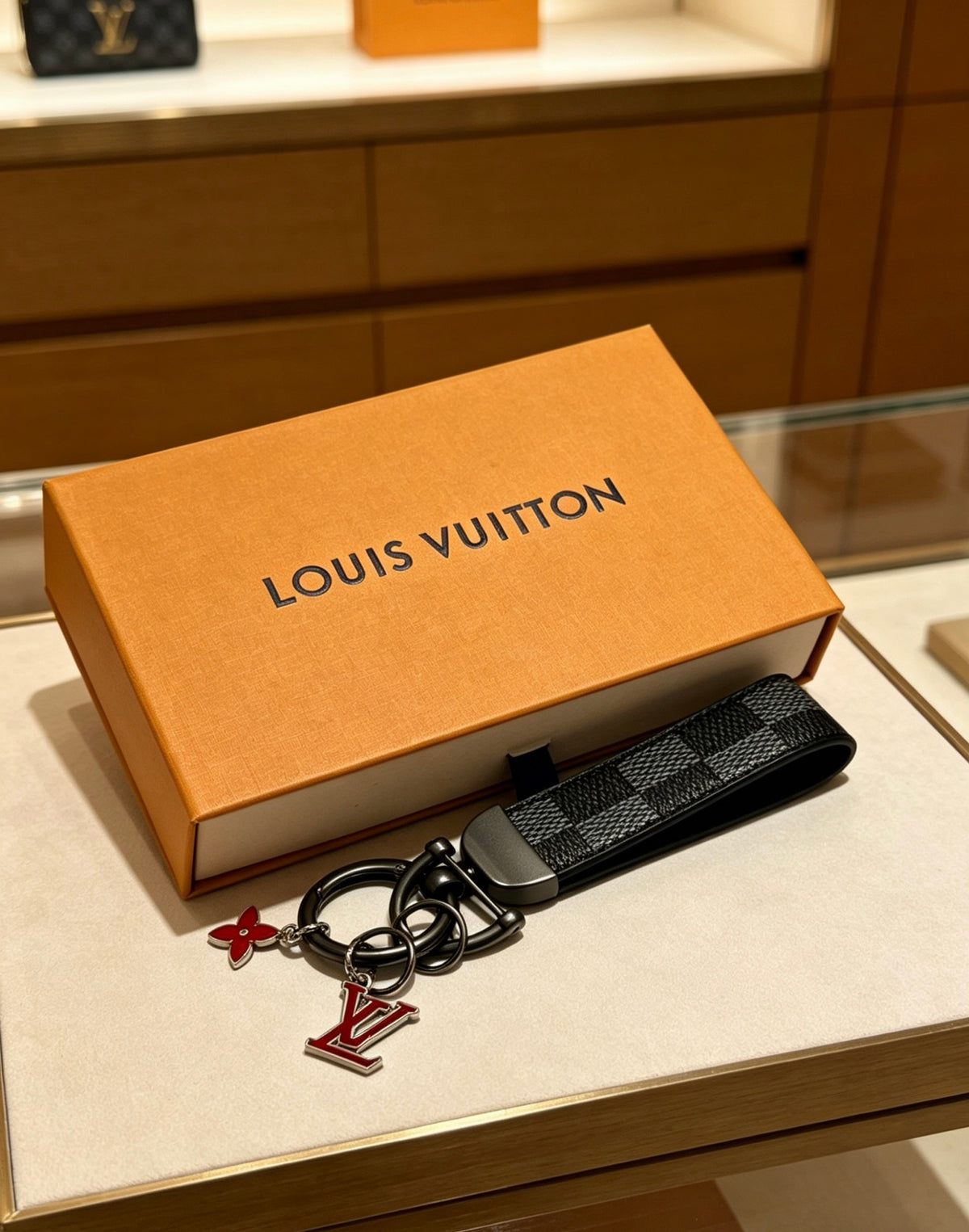 Louis Vuitton Black Strap Keychain with Red Flower Accent - album image 4