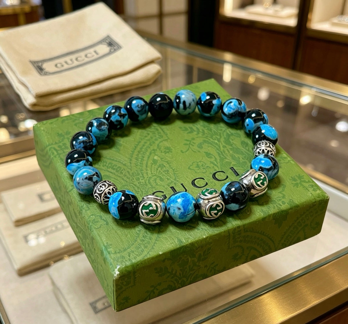 Gucci Anger Forest Interlocking G Agate Beaded Crystal Accent Antiqued Bracelet - album image 1