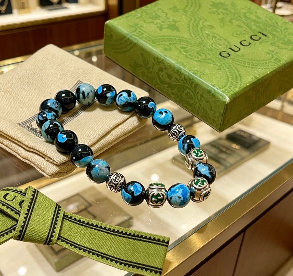 Gucci Anger Forest Interlocking G Agate Beaded Crystal Accent Antiqued Bracelet - album image 8
