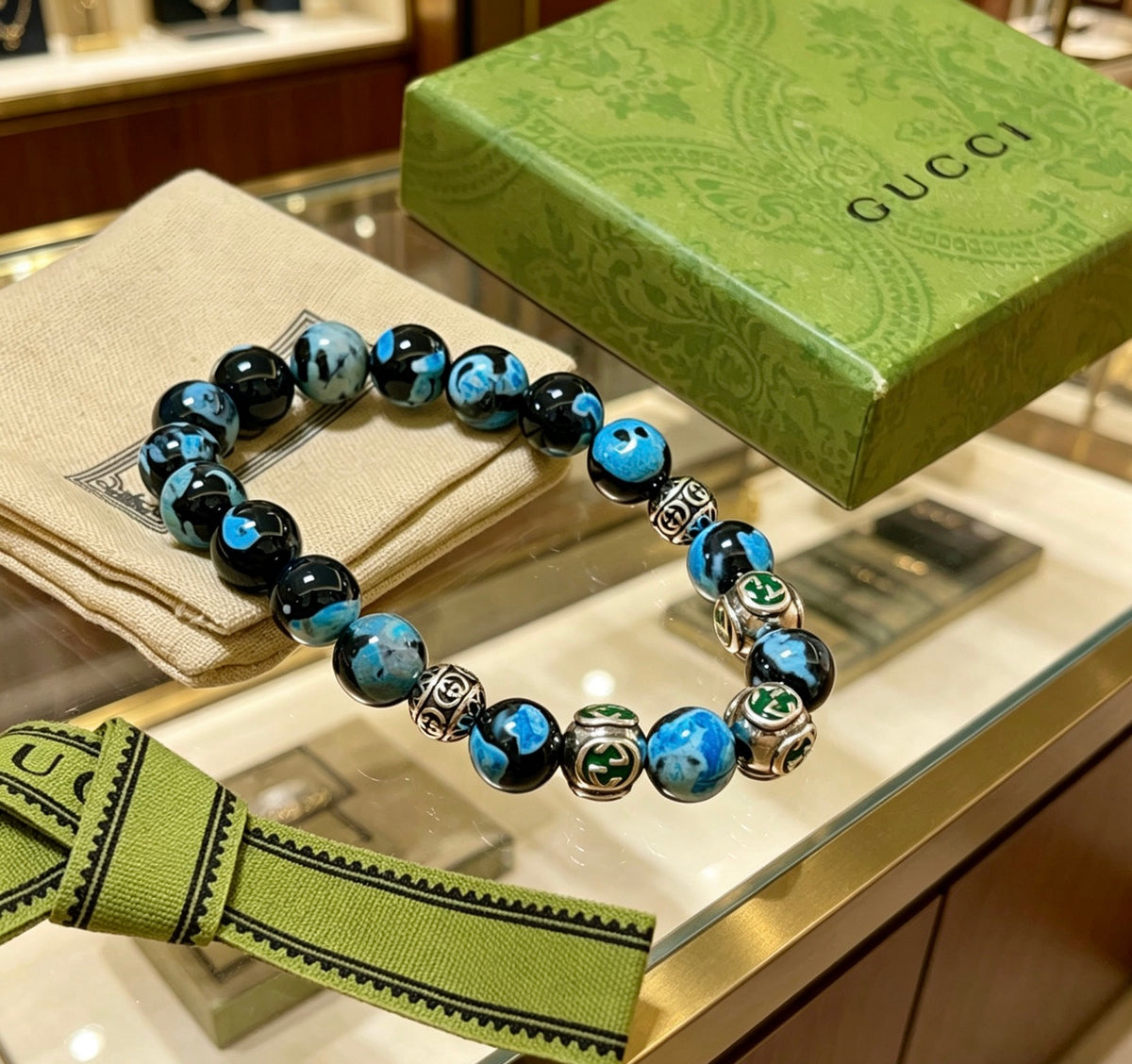 Gucci Anger Forest Interlocking G Agate Beaded Crystal Accent Antiqued Bracelet - album image 8