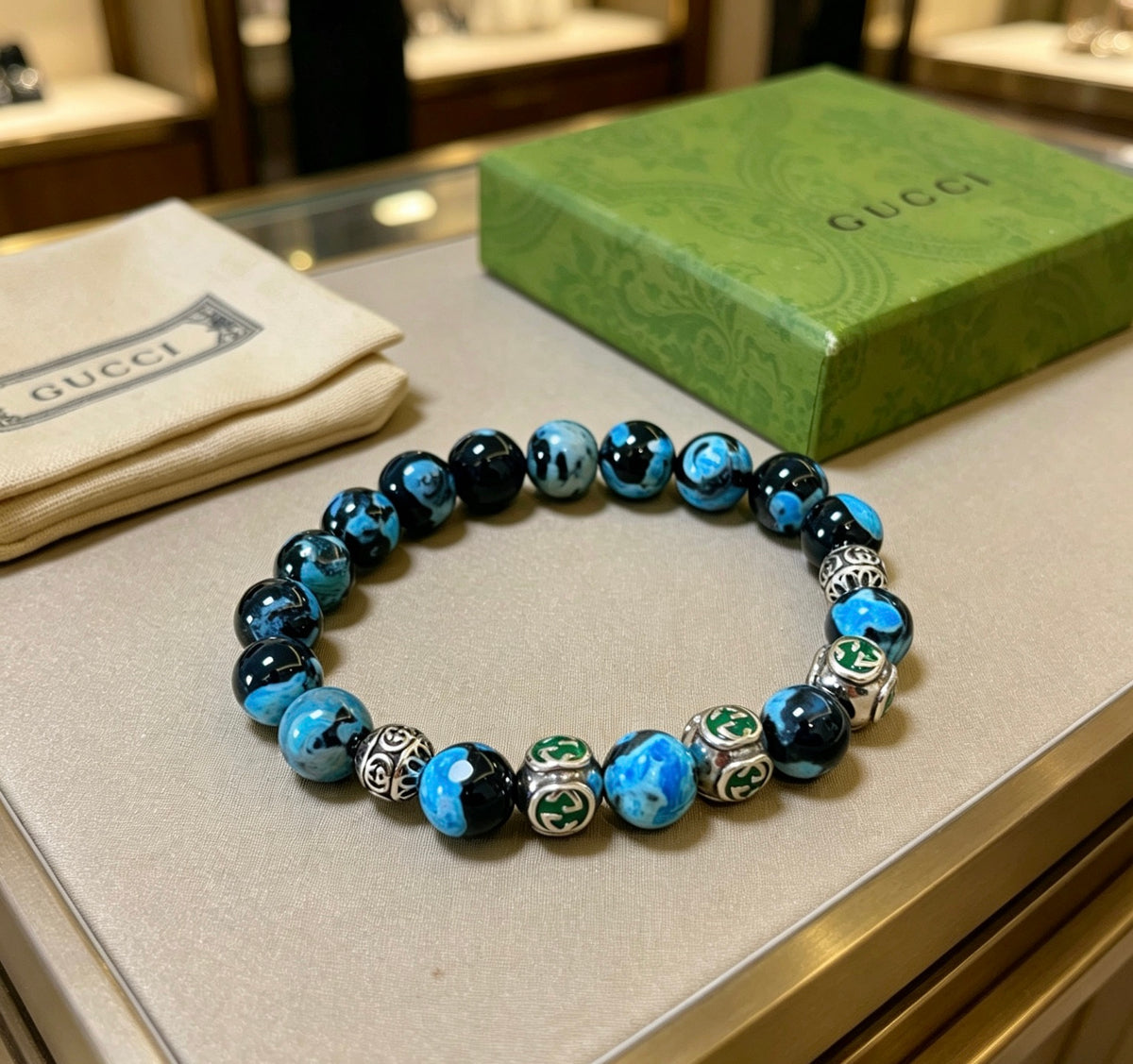 Gucci Anger Forest Interlocking G Agate Beaded Crystal Accent Antiqued Bracelet - album image 5