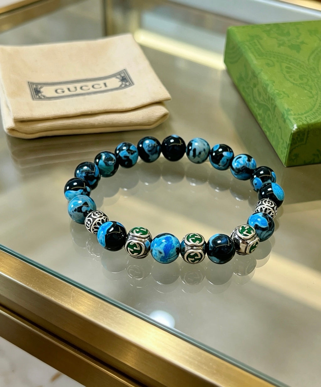 Gucci Anger Forest Interlocking G Agate Beaded Crystal Accent Antiqued Bracelet - album image 2