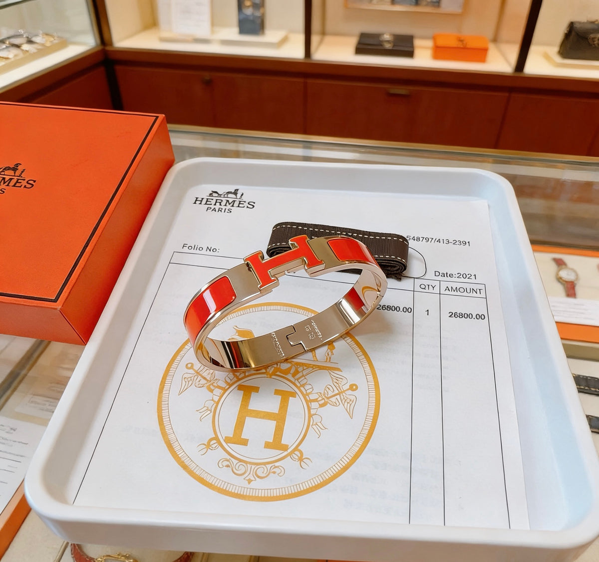 Hermès Gold-Tone Red Enamel H-Clasp Bangle - album image 5