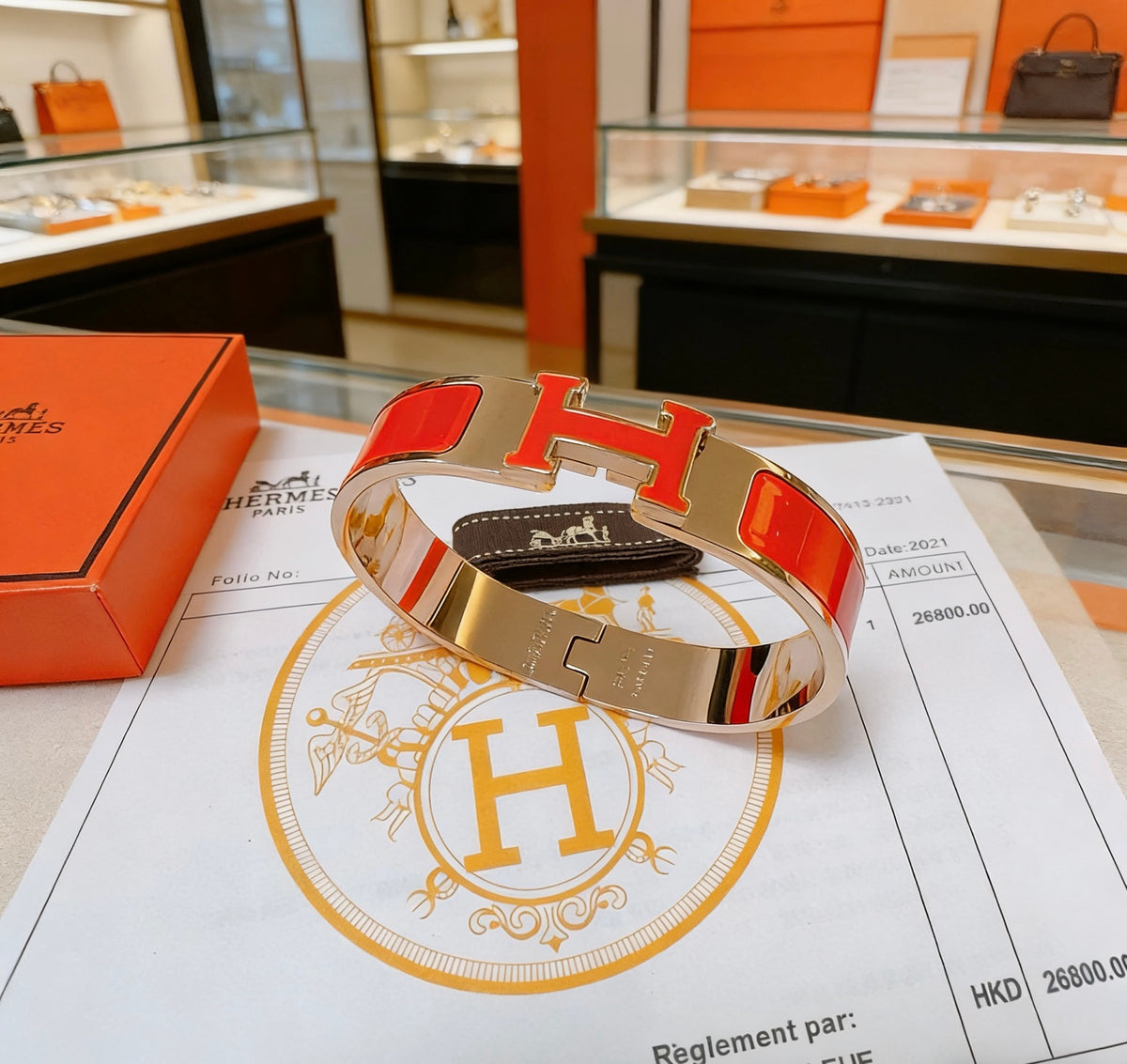 Hermès Gold-Tone Red Enamel H-Clasp Bangle - album image 8