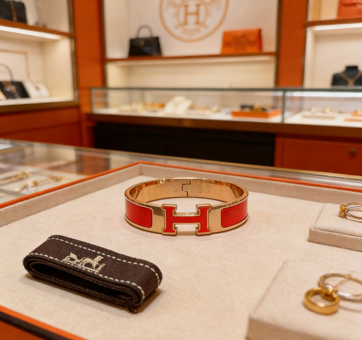 Hermès Gold-Tone Red Enamel H-Clasp Bangle - album image 2