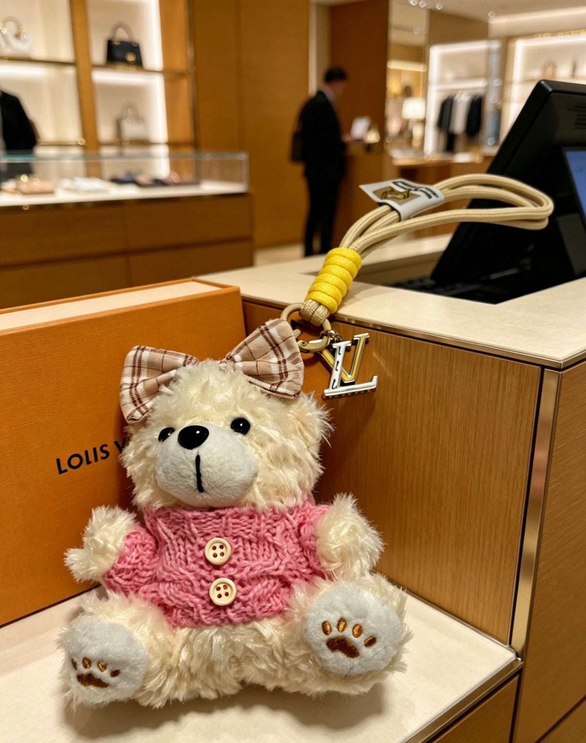 Louis Vuitton White Plush Bear Bag Charm in Pink Outfit - album image 5
