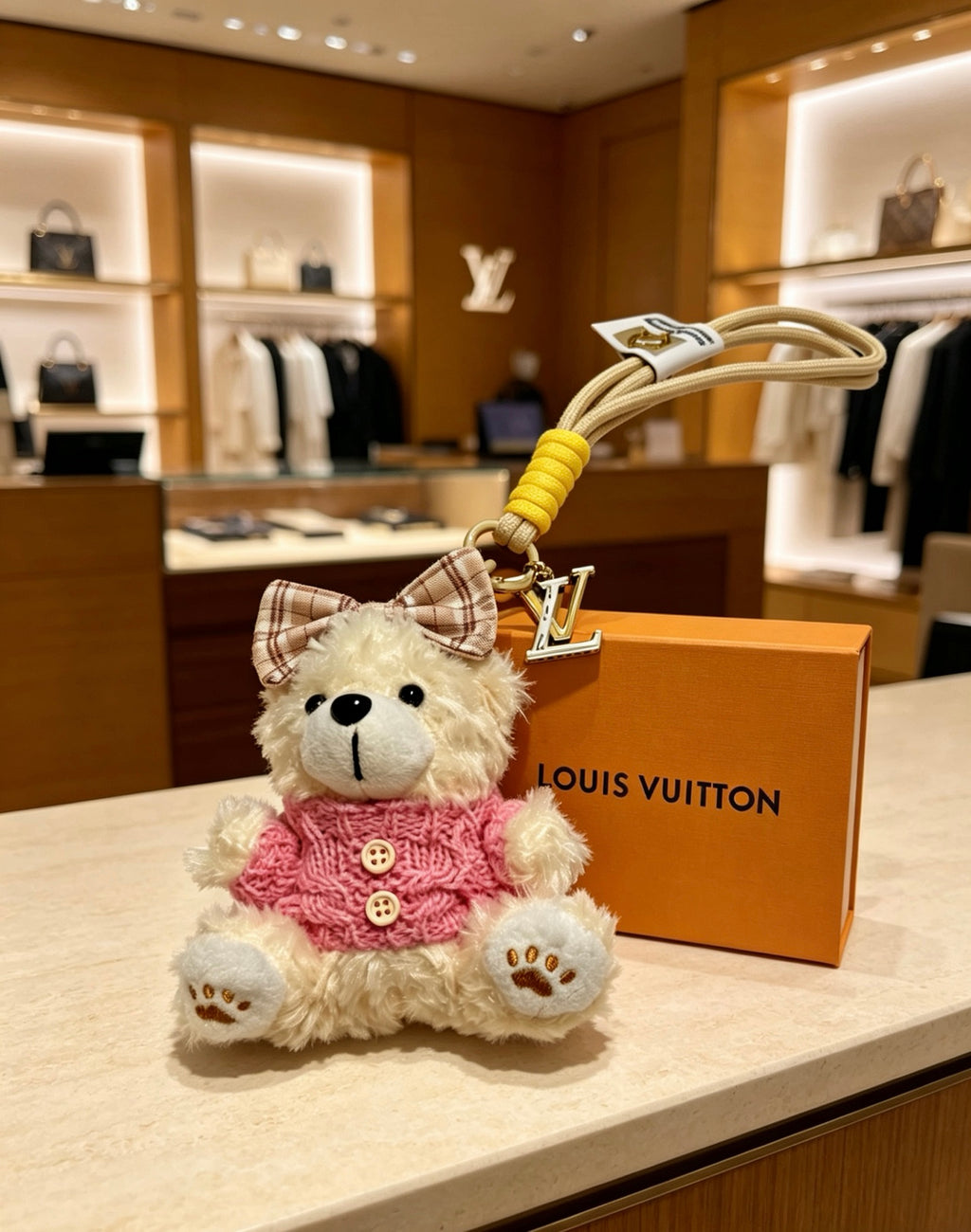 Louis Vuitton White Plush Bear Bag Charm in Pink Outfit - album image 6
