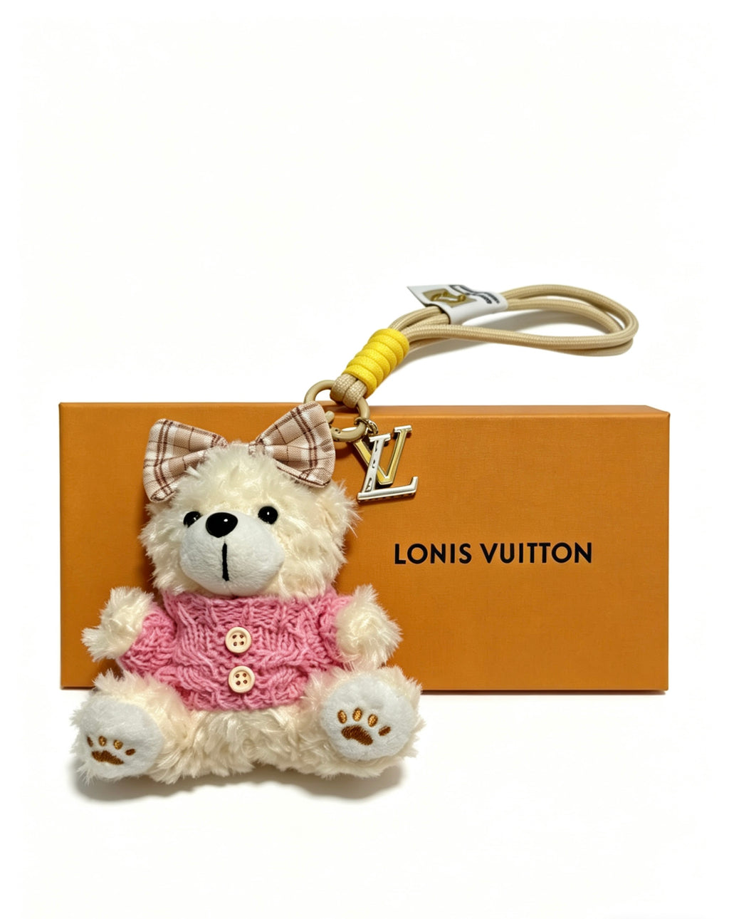 Louis Vuitton White Plush Bear Bag Charm in Pink Outfit - album image 3