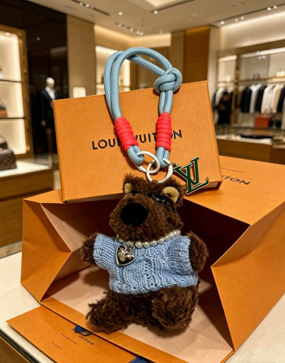 Louis Vuitton Brown Plush Bear Bag Charm in Blue Outfit - album image 4