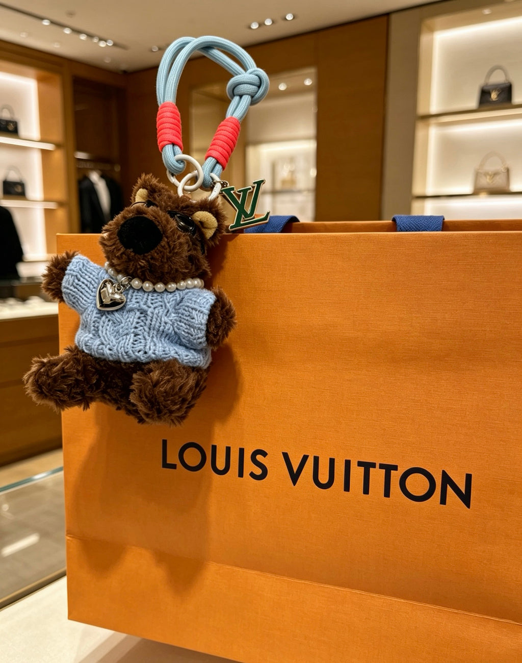 Louis Vuitton Brown Plush Bear Bag Charm in Blue Outfit - album image 6