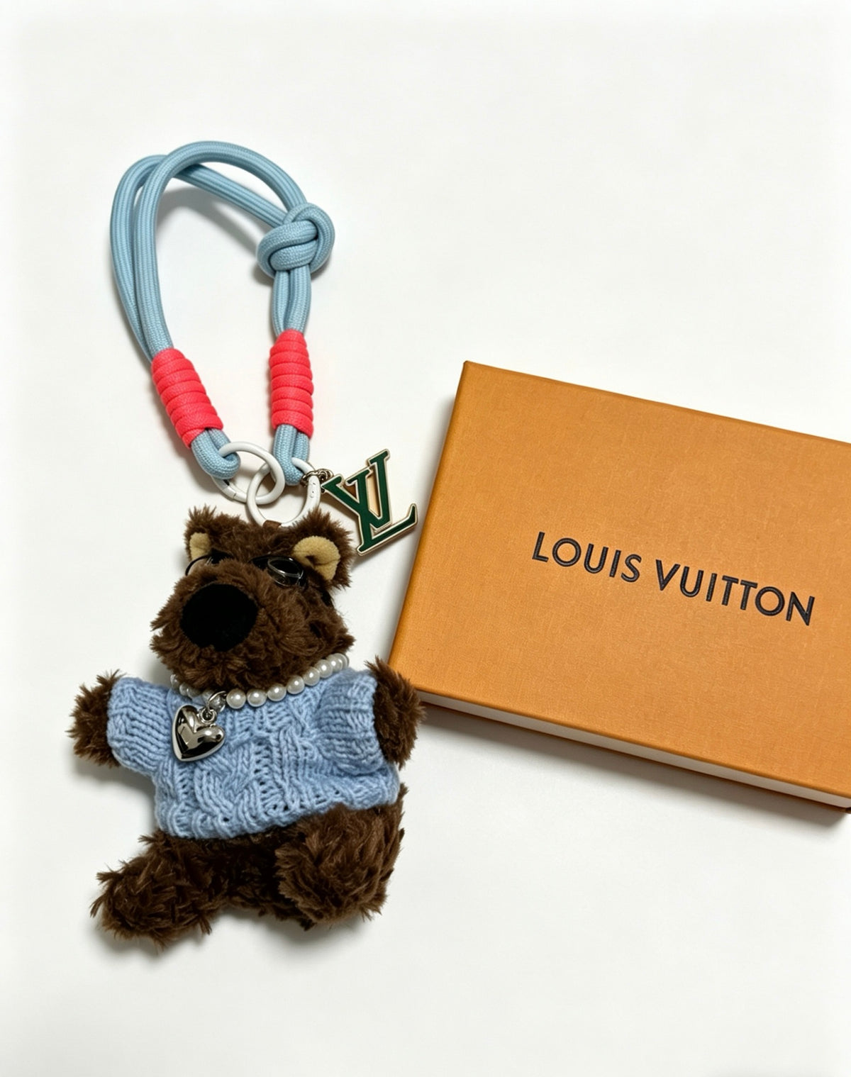 Louis Vuitton Brown Plush Bear Bag Charm in Blue Outfit - album image 3