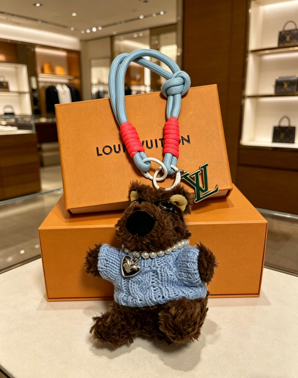 Louis Vuitton Brown Plush Bear Bag Charm in Blue Outfit - album image 5