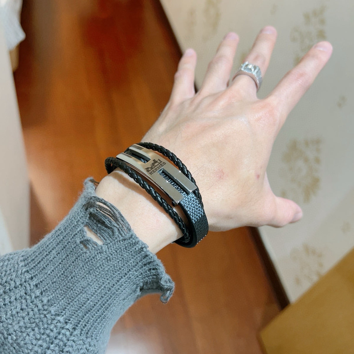 Hermès Black Leather H Cuff Bracelet - album image 8