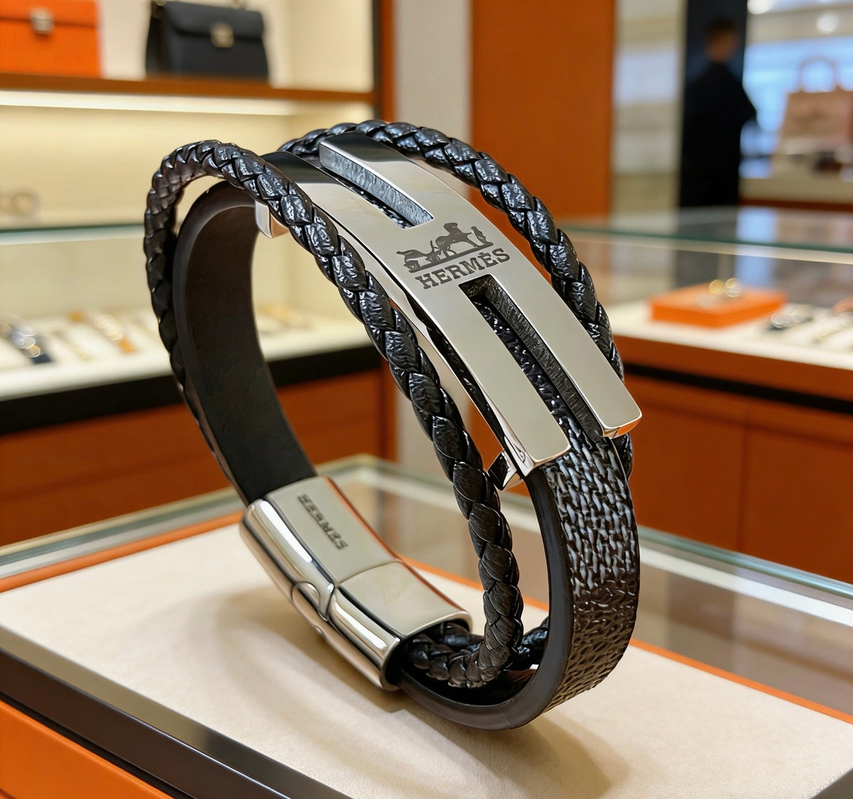 Hermès Black Leather H Cuff Bracelet - album image 6