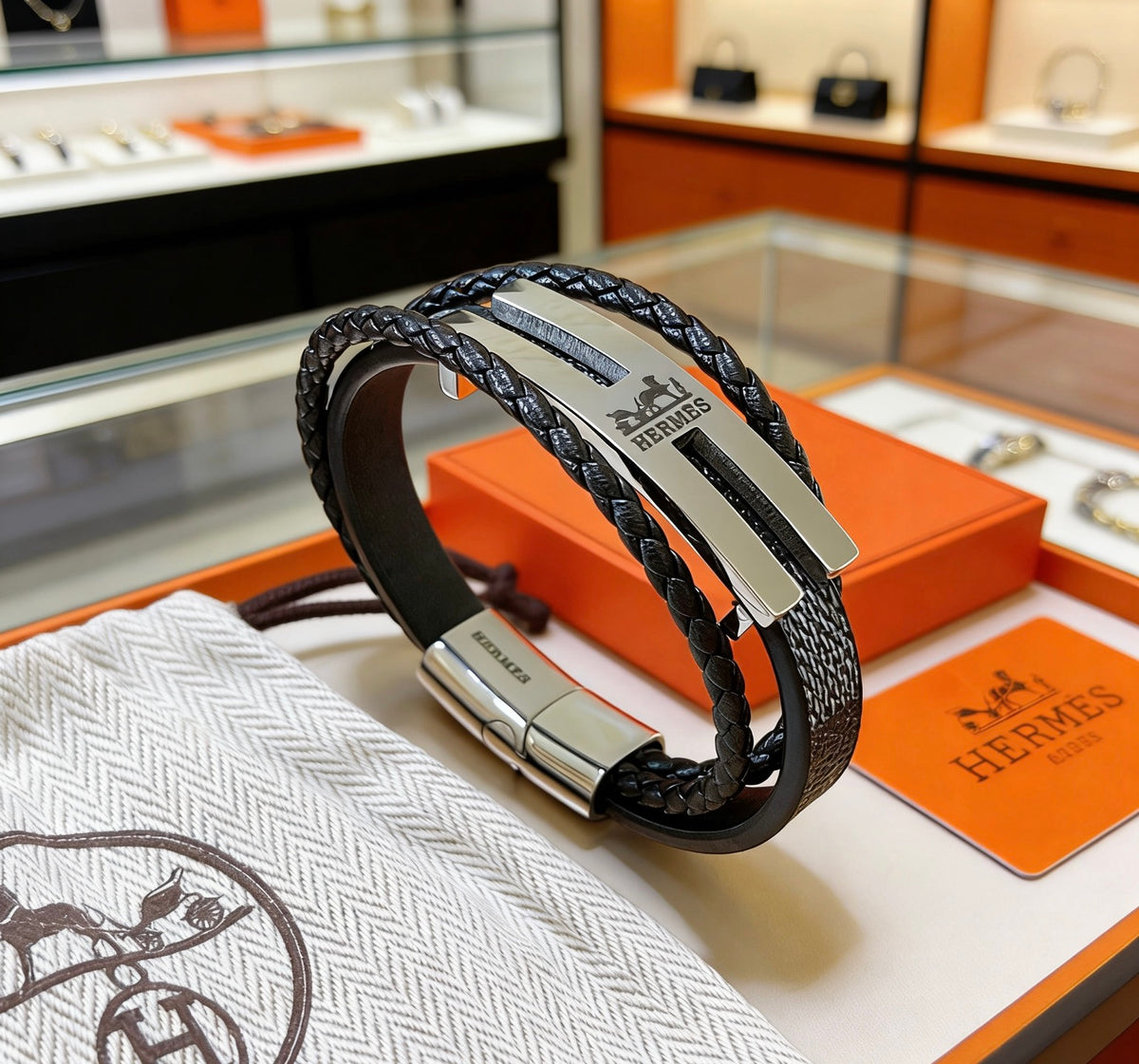 Hermès Black Leather H Cuff Bracelet - album image 1