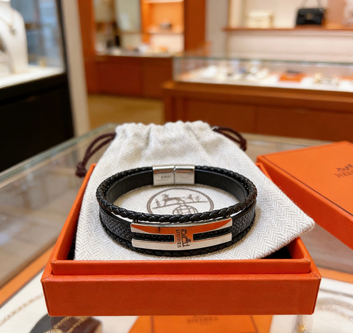 Hermès Black Leather H Cuff Bracelet - album image 7