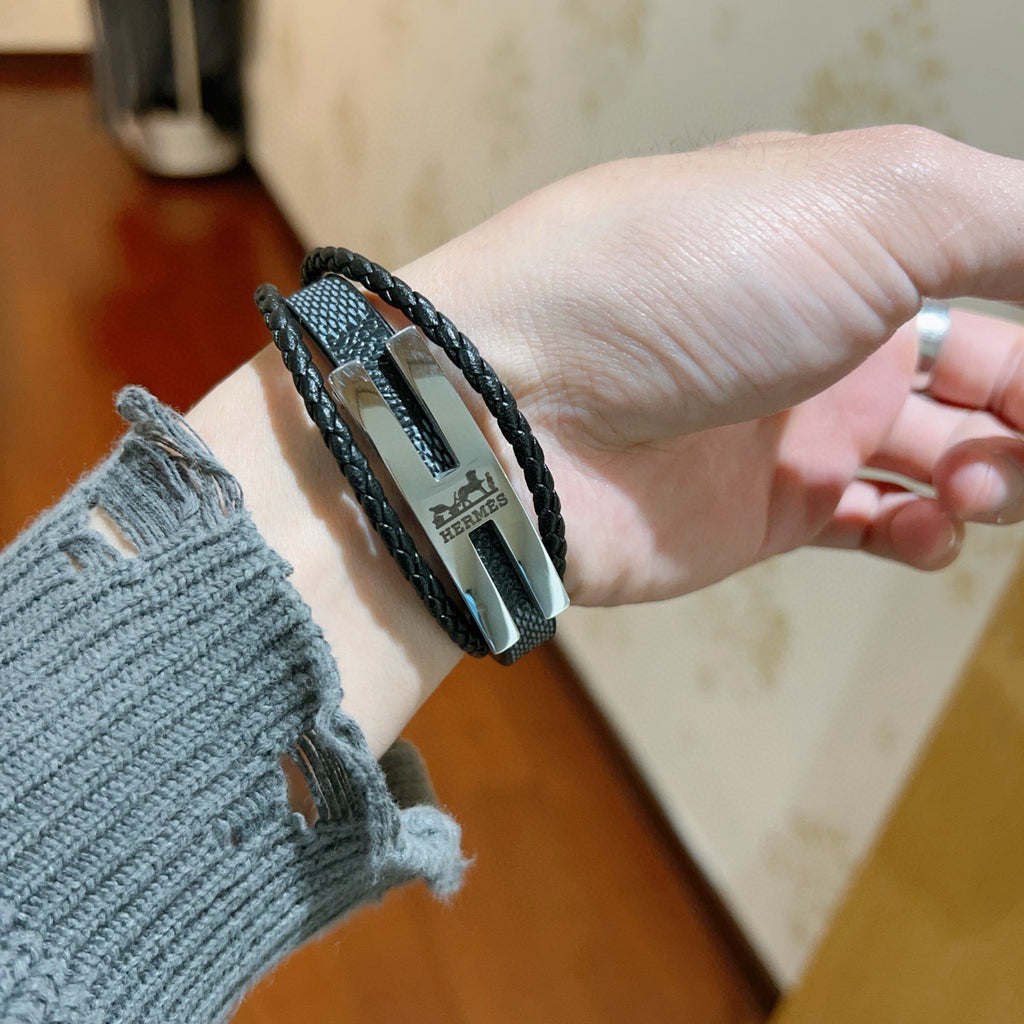 Hermès Black Leather H Cuff Bracelet - album image 4