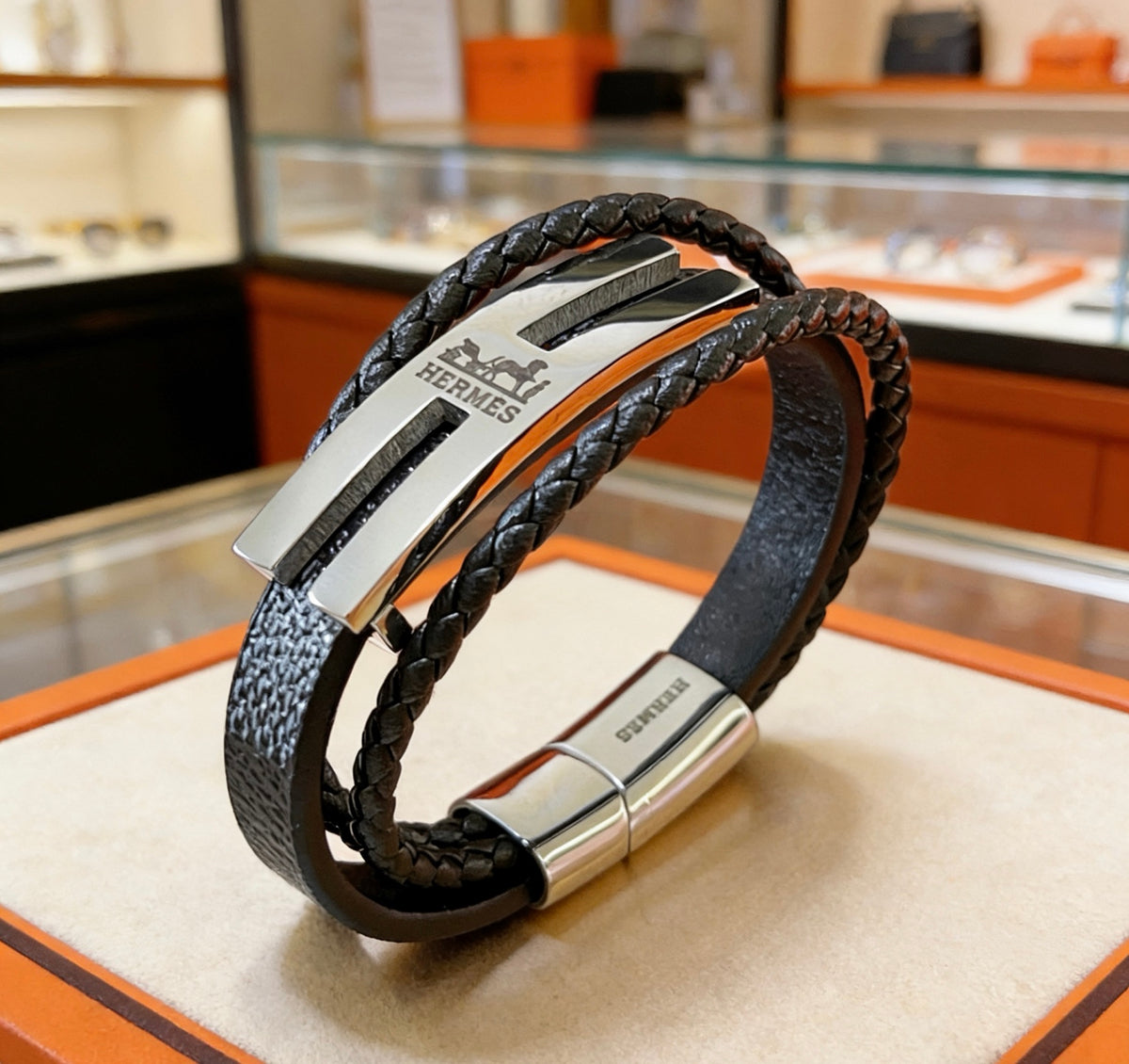 Hermès Black Leather H Cuff Bracelet - album image 2