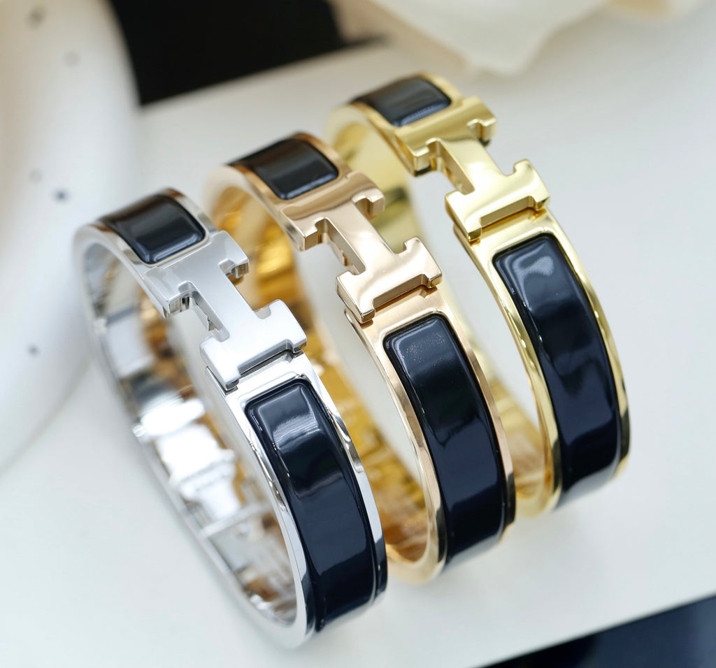Hermès Black Enamel H-Clasp Bangle in Gold and Silver Tones - album image 5