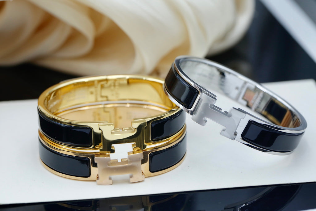 Hermès Black Enamel H-Clasp Bangle in Gold and Silver Tones - album image 1